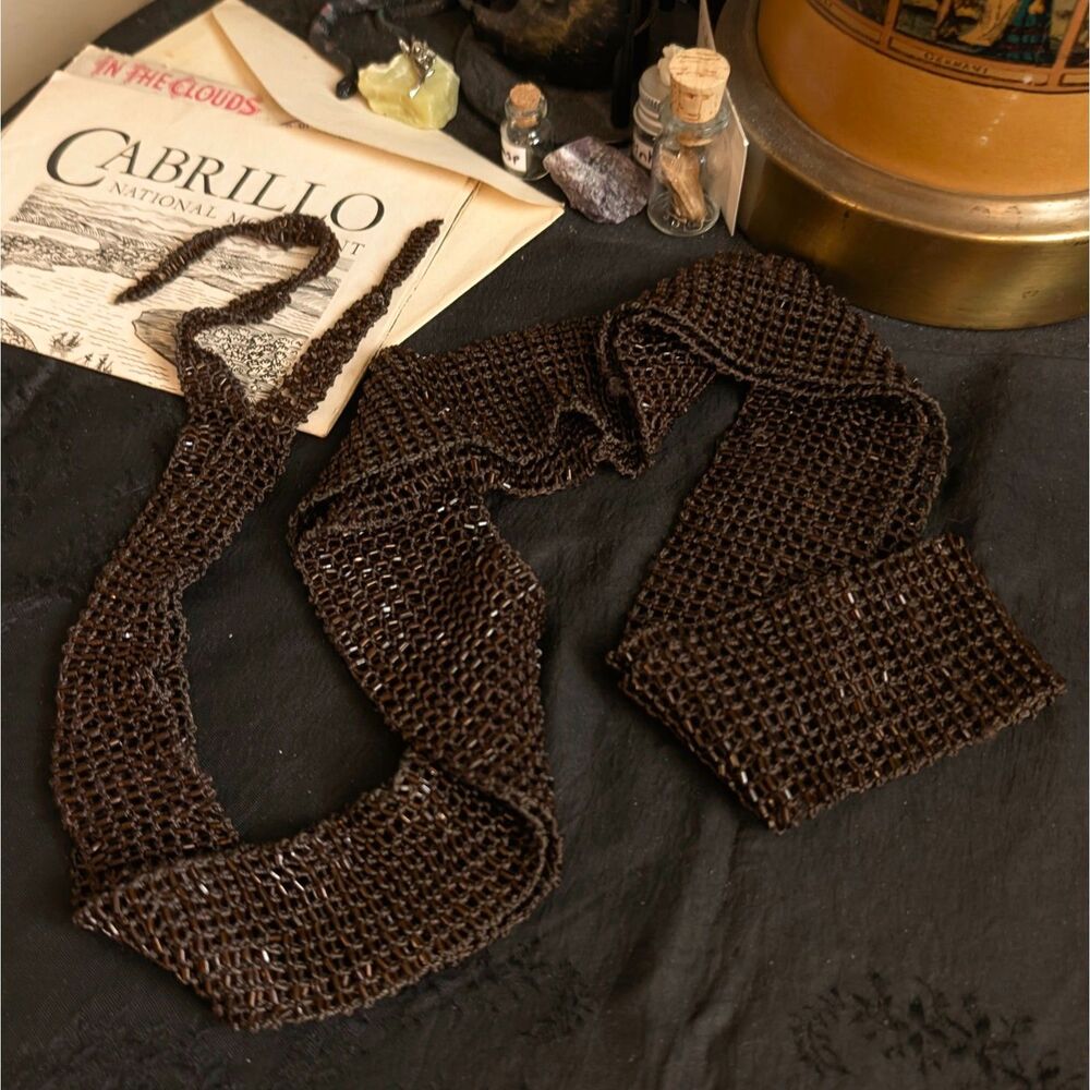 Vintage Sparkly Beaded Waist/Hip Tie Belt Adult One Size Dark Brown